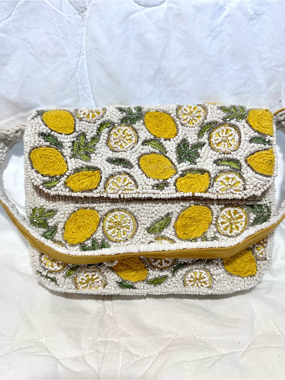 Beaded Lemon Print Crossbody Bag - White & Yellow